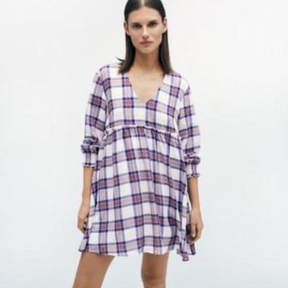 Zara Red and Blue Plaid V-Neck Dress